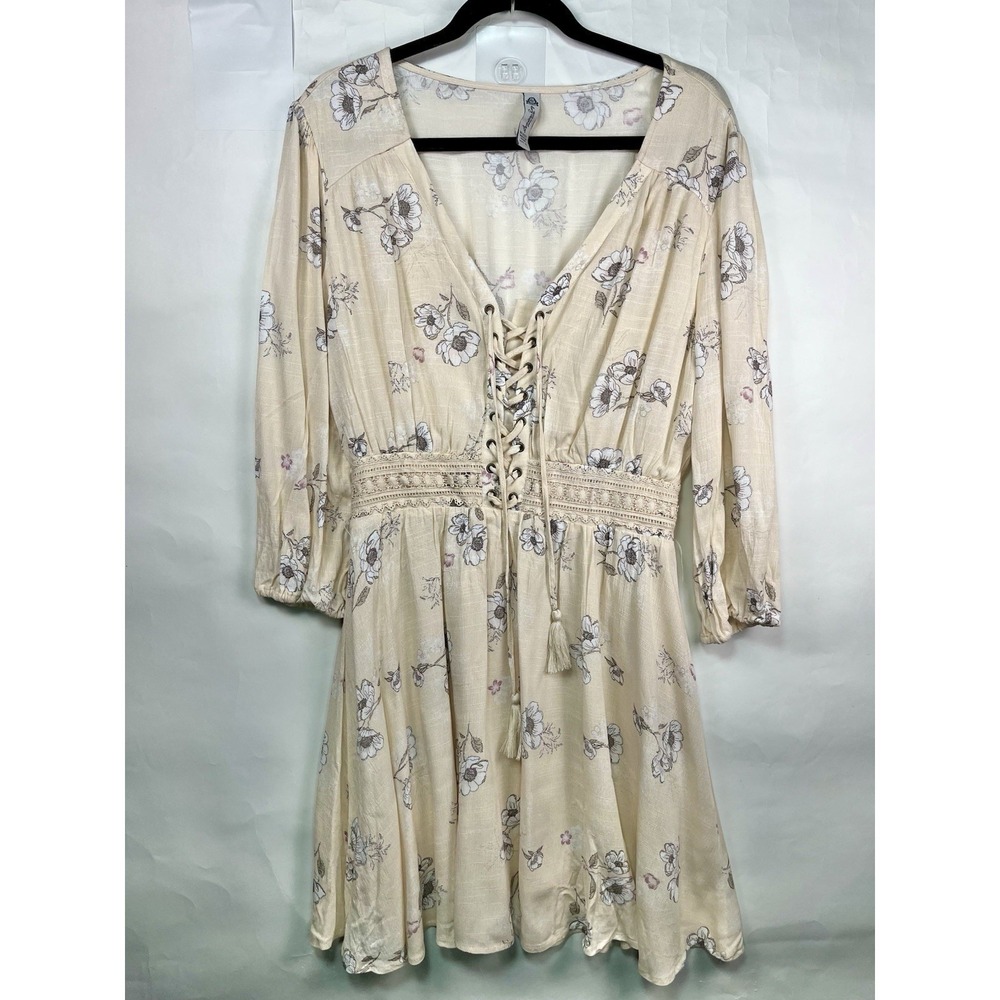 American Rag Cie Long Sleeve Lace Up Bodice Floral Dress in Cream Sz XL